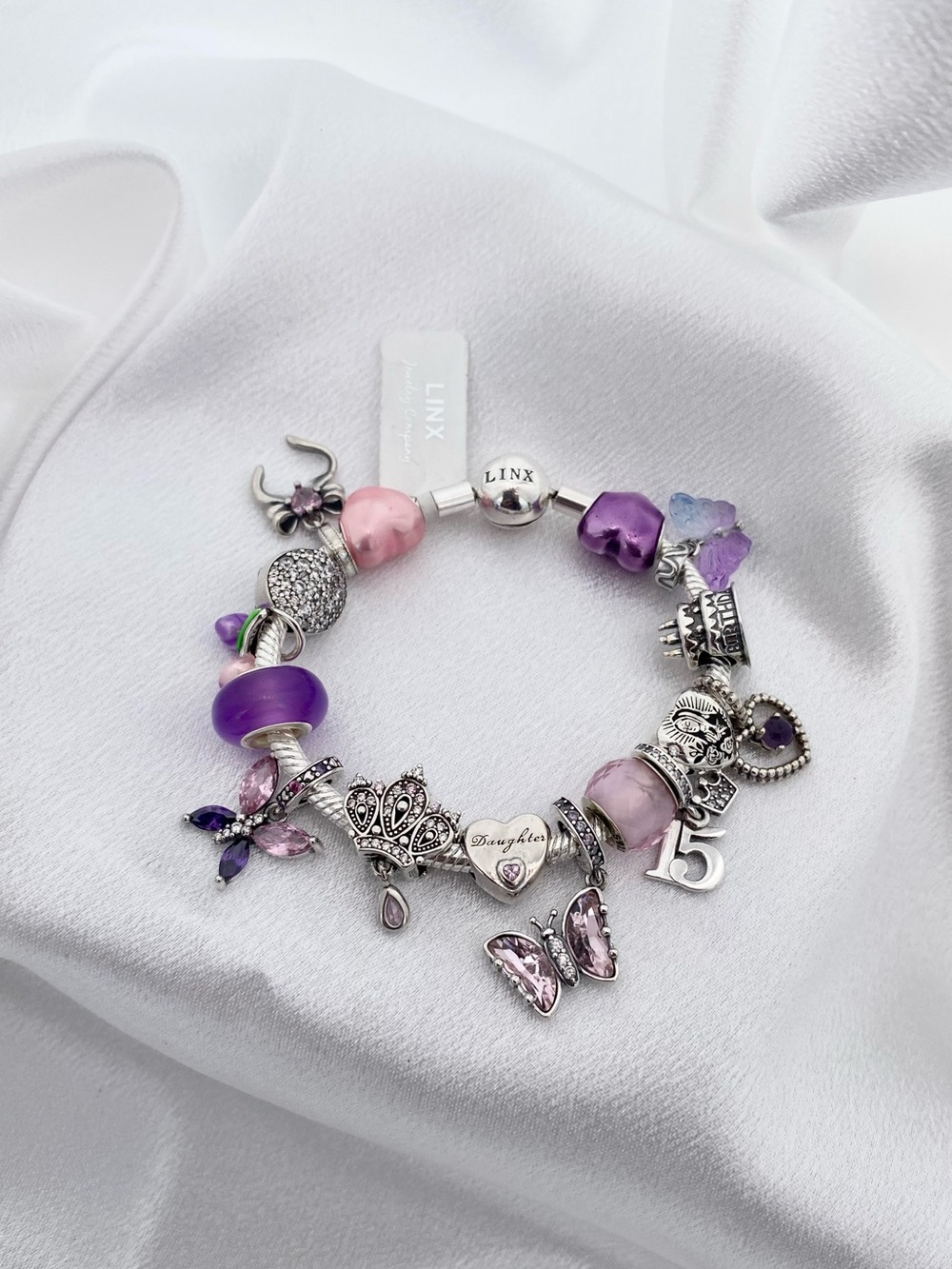 Linx Snake Chain Bracelet with Blue Pink & Purple Quinceanera Themed Charms